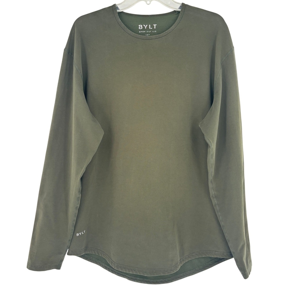 BYLT Mens Drop Cut Lux Long Sleeve Shirt Olive Green Crew Neck Size XL